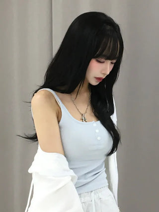 Poly Button Square Ribbed Sleeveless
