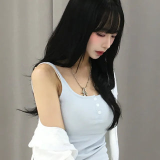 Poly Button Square Ribbed Sleeveless