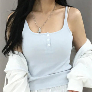 Poly Button Square Ribbed Sleeveless