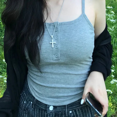 Radi Square Ribbed Button Sleeveless Top