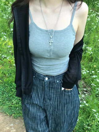 Radi Square Ribbed Button Sleeveless Top