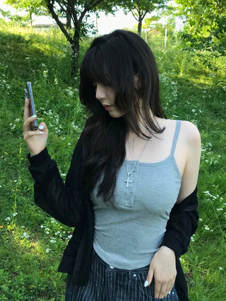 Radi Square Ribbed Button Sleeveless Top
