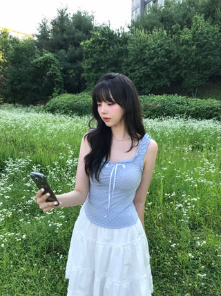 Toel Lovely Dot Frill Ribbon Sleeveless Top
