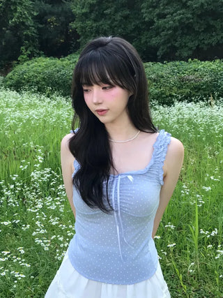 Toel Lovely Dot Frill Ribbon Sleeveless Top