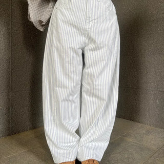 Navy Stripe Side Pintuck Balloon Fit Wide Cotton Pants