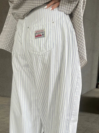 Navy Stripe Side Pintuck Balloon Fit Wide Cotton Pants