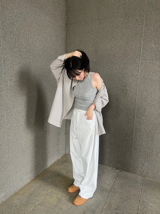 Navy Stripe Side Pintuck Balloon Fit Wide Cotton Pants