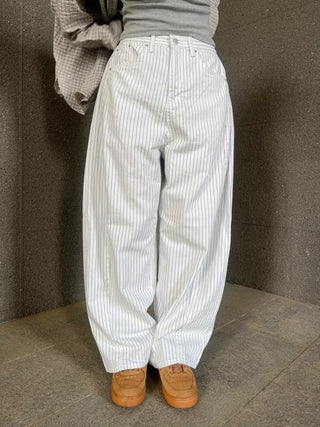 Navy Stripe Side Pintuck Balloon Fit Wide Cotton Pants