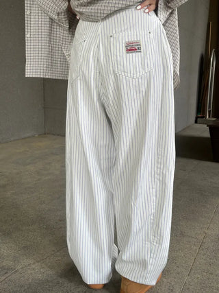 Navy Stripe Side Pintuck Balloon Fit Wide Cotton Pants