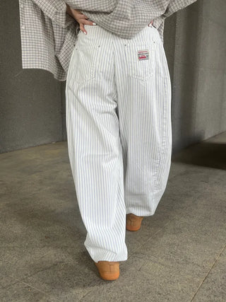 Navy Stripe Side Pintuck Balloon Fit Wide Cotton Pants