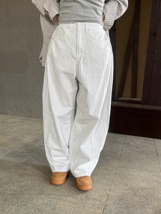 Navy Stripe Side Pintuck Balloon Fit Wide Cotton Pants
