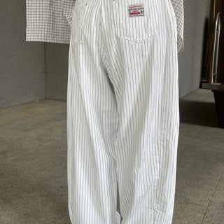 Navy Stripe Side Pintuck Balloon Fit Wide Cotton Pants