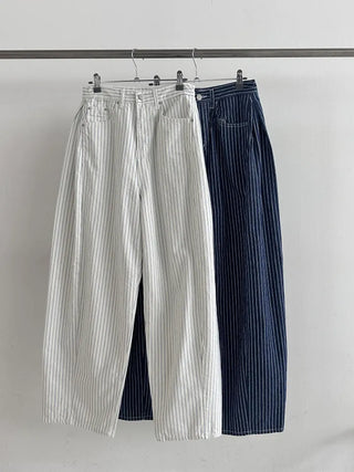 Navy Stripe Side Pintuck Balloon Fit Wide Cotton Pants