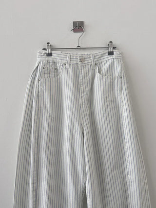 Navy Stripe Side Pintuck Balloon Fit Wide Cotton Pants