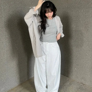Navy Stripe Side Pintuck Balloon Fit Wide Cotton Pants