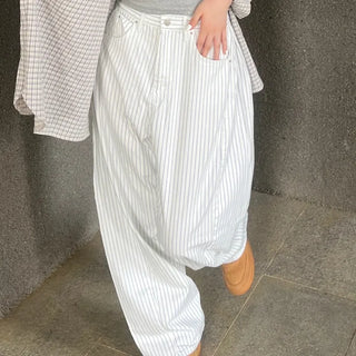 Navy Stripe Side Pintuck Balloon Fit Wide Cotton Pants
