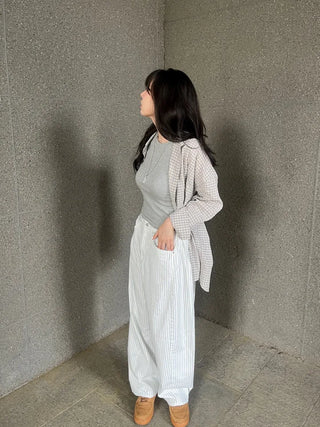 Navy Stripe Side Pintuck Balloon Fit Wide Cotton Pants