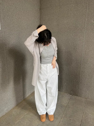 Navy Stripe Side Pintuck Balloon Fit Wide Cotton Pants