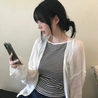 Non-button Summer See-through Long Sleeve Knit Cardigan