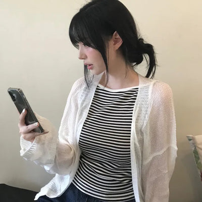 Non-button Summer See-through Long Sleeve Knit Cardigan