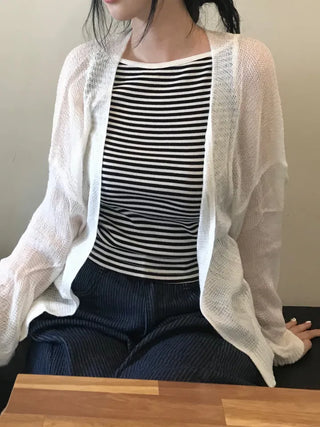 Non-button Summer See-through Long Sleeve Knit Cardigan