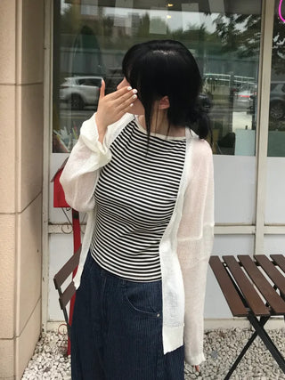 Non-button Summer See-through Long Sleeve Knit Cardigan