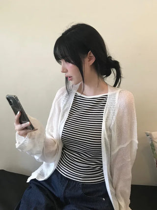 Non-button Summer See-through Long Sleeve Knit Cardigan