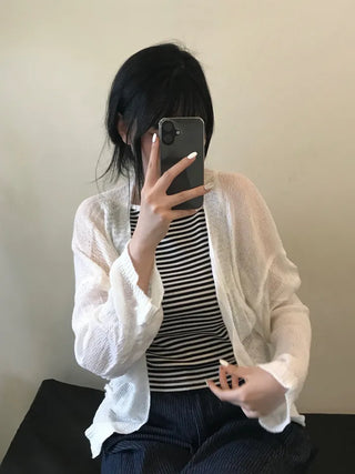 Non-button Summer See-through Long Sleeve Knit Cardigan
