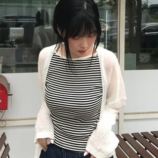 Non-button Summer See-through Long Sleeve Knit Cardigan