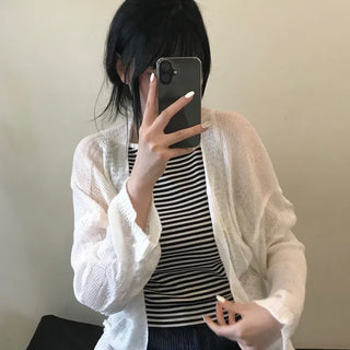 Non-button Summer See-through Long Sleeve Knit Cardigan
