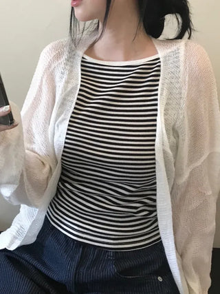 Non-button Summer See-through Long Sleeve Knit Cardigan