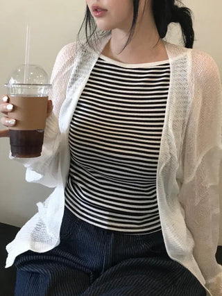 Non-button Summer See-through Long Sleeve Knit Cardigan