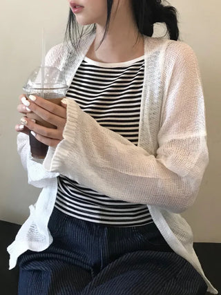 Non-button Summer See-through Long Sleeve Knit Cardigan