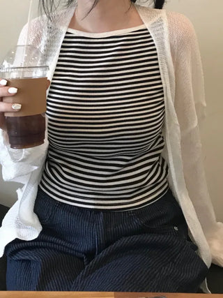 Non-button Summer See-through Long Sleeve Knit Cardigan