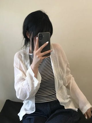 Non-button Summer See-through Long Sleeve Knit Cardigan