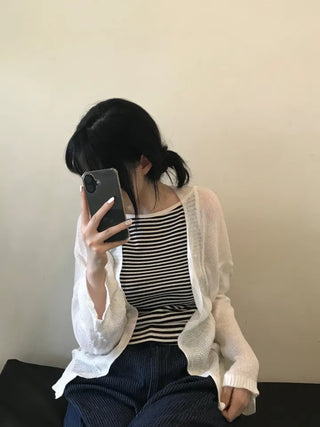 Non-button Summer See-through Long Sleeve Knit Cardigan