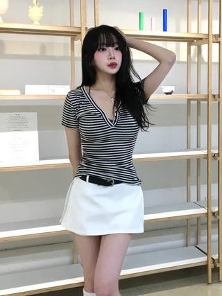 Daki Striped Button Short Sleeve T-shirt