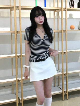 Daki Striped Button Short Sleeve T-shirt