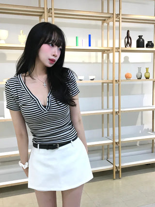 Daki Striped Button Short Sleeve T-shirt