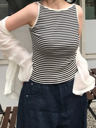 Daily striped boatneck sleeveless top