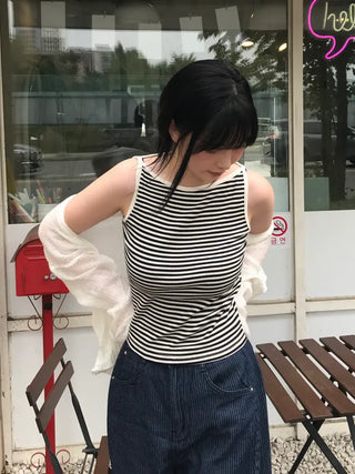 Daily striped boatneck sleeveless top