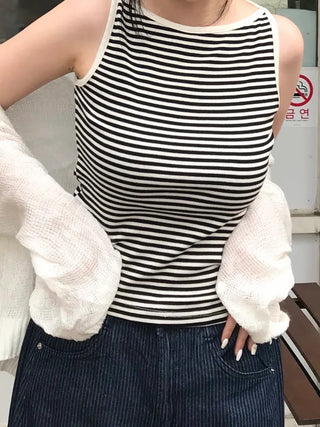 Daily striped boatneck sleeveless top