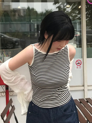 Daily striped boatneck sleeveless top
