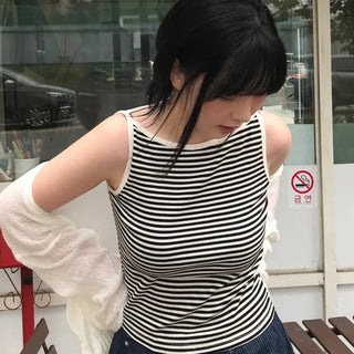 Daily striped boatneck sleeveless top