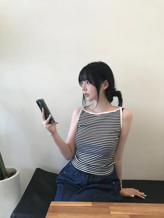 Daily striped boatneck sleeveless top
