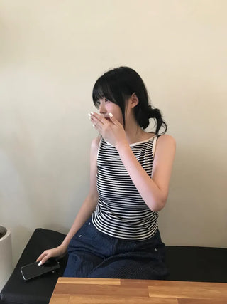 Daily striped boatneck sleeveless top