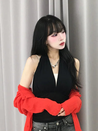 Pure Halter Top Mesh Shirred Sleeveless