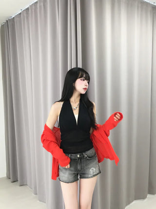 Pure Halter Top Mesh Shirred Sleeveless