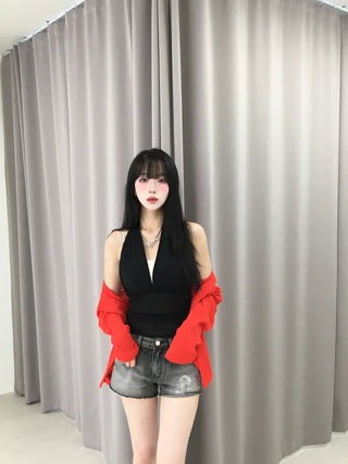 Pure Halter Top Mesh Shirred Sleeveless