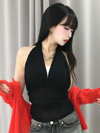 Pure Halter Top Mesh Shirred Sleeveless